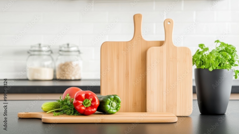 Wooden Cutting Boards with Fresh Vegetables on Table Wooden Cutting Boards with Fresh Vegetables on Table