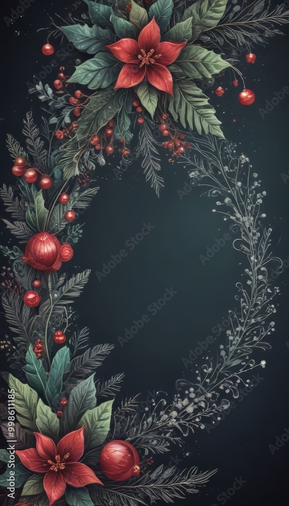 A digital illustration Christmas wreath with red poinsettia flowers, green leaves, and red berries against a dark green background A digital illustration Christmas wreath with red poinsettia flowers, green leaves, and red berries against a dark green background