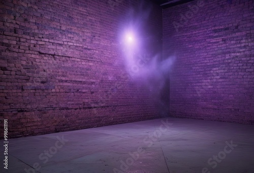 A dimly lit room with a brick wall and a single light source casting a purple glow