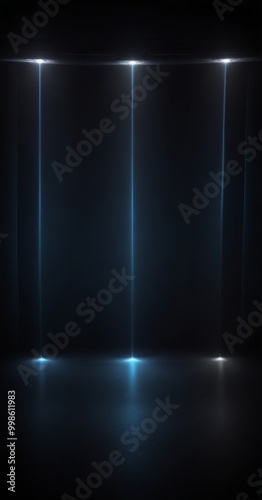 Three vertical light beams shine down on a dark, reflective surface, creating a striking contrast between the bright lights and the surrounding darkness