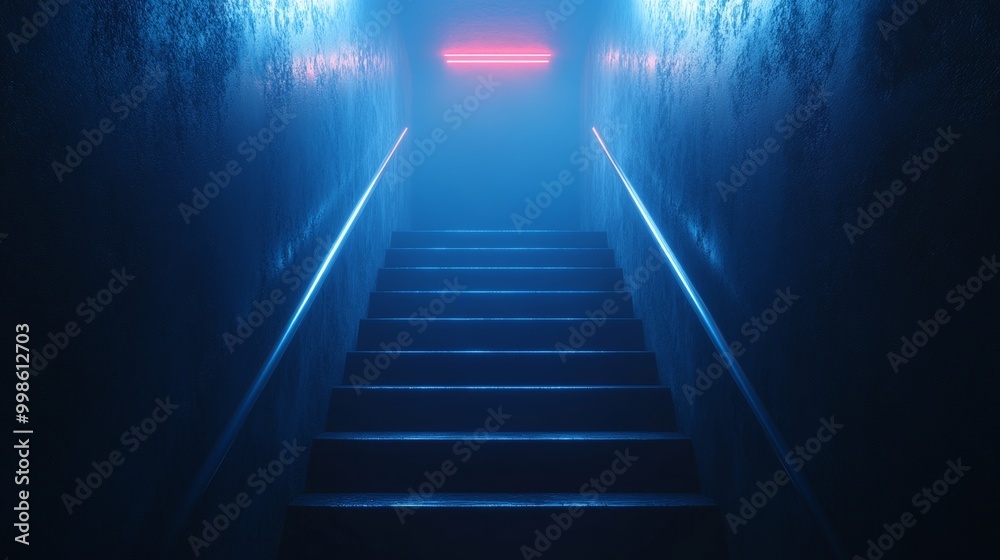 A staircase with blue steps and red lights