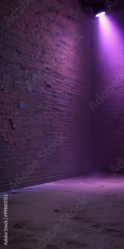 A dimly lit alleyway with a brick wall on one side and a single purple light illuminating the space on the other side