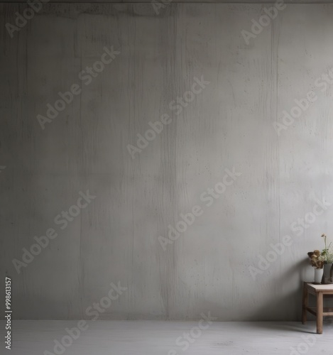 A minimalist interior design with a concrete wall, a wooden stool, and a small plant