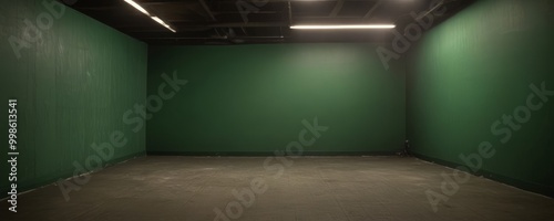 A dimly lit room with green walls and a concrete floor, featuring a single light fixture hanging from the ceiling