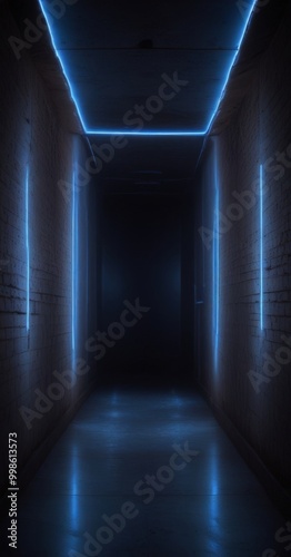 A long, dimly lit corridor with a high ceiling and a series of blue neon lights lining the walls, creating a sense of depth and mystery