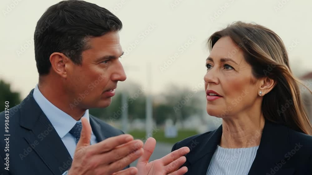 Two political figures engage in a lively conversation about public policy in an outdoor setting, showcasing their viewpoints and dynamics Two political figures engage in a lively conversation about public policy in an outdoor setting, showcasing their viewpoints and dynamics
