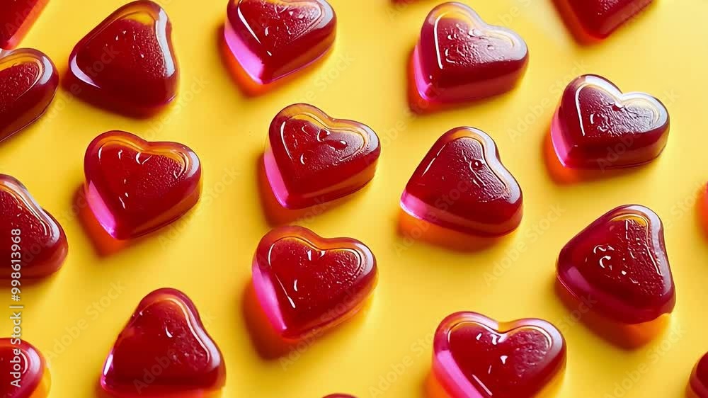 Many heart shaped red jelly candy on yellow background Many heart shaped red jelly candy on yellow background