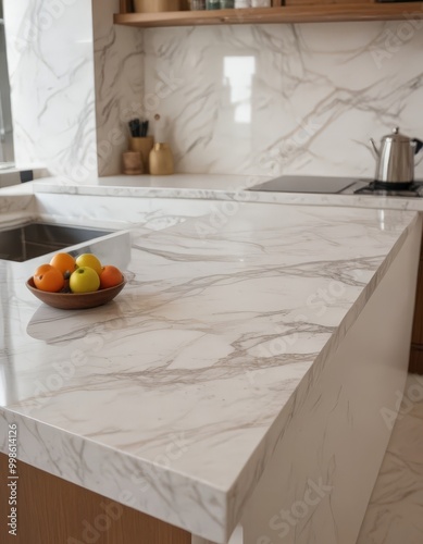 A marble countertop in a modern kitchen features a bowl of fruit, a kettle, and a wooden spoon, with a window and wooden shelf in the background