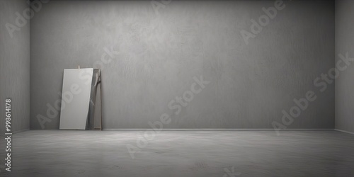 A minimalist room with a large mirror on the wall, a wooden ladder leaning against the wall, and a concrete floor