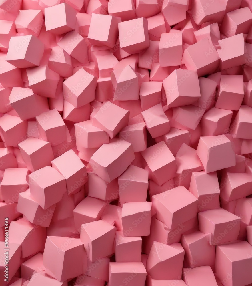 Obraz premium A close-up pile of pink foam blocks, varying in size and shape, creating a visually appealing and textured pattern