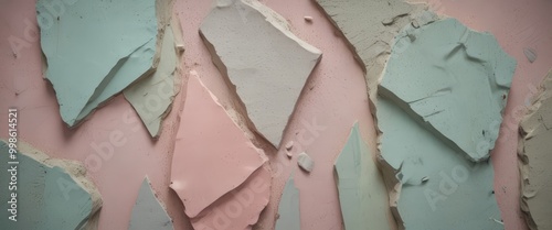 a close-up view textured surface with various shades of pink, blue, and green, resembling a mosaic or abstract artwork