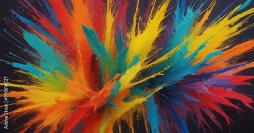 a vibrant explosion of paint splatters in various colors, including red, orange, yellow, green, blue, and purple, against a dark background