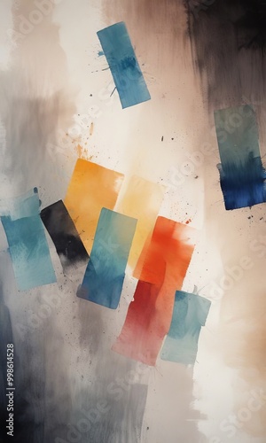 Abstract painting featuring overlapping rectangular shapes in various colors, including blue, orange, and red, against a textured background