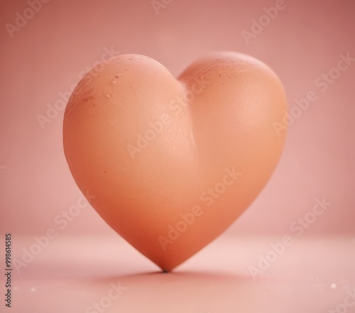 A heart-shaped object made light orange material, with a small dent on its left side, is centered against a soft pink background