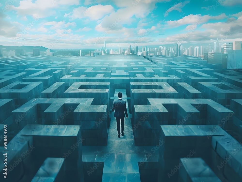 Businessman Navigating Complex Maze Overcoming Challenges to Reach Business Goal Businessman Navigating Complex Maze Overcoming Challenges to Reach Business Goal