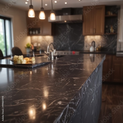 A modern kitchen with a large black marble countertop, wooden cabinets, and a sink with a fruit tray