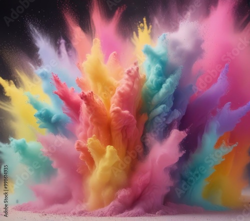 A vibrant explosion of multicolored powder fills the frame, creating a dynamic and visually striking scene