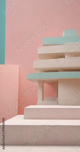 A minimalist architectural structure composed of stacked concrete blocks in pastel pink and blue hues, with a clean, geometric design