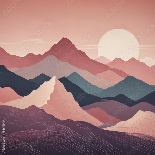 a serene mountain landscape with a large, glowing sun in the sky, casting a warm, pinkish hue over the scene The mountains are depicted in a range of pink, purple, and blue