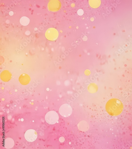 a vibrant abstract background with a gradient of pink and yellow hues, dotted with small circles and splashes of color The composition is dynamic, with the overlapping
