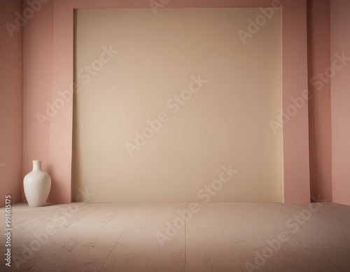 A minimalist room with a large white vase on the left side, a light pink wall, and a wooden floor