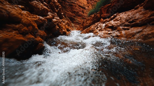 A flash flood sweeping through a desert canyon, carving new paths through the red rock