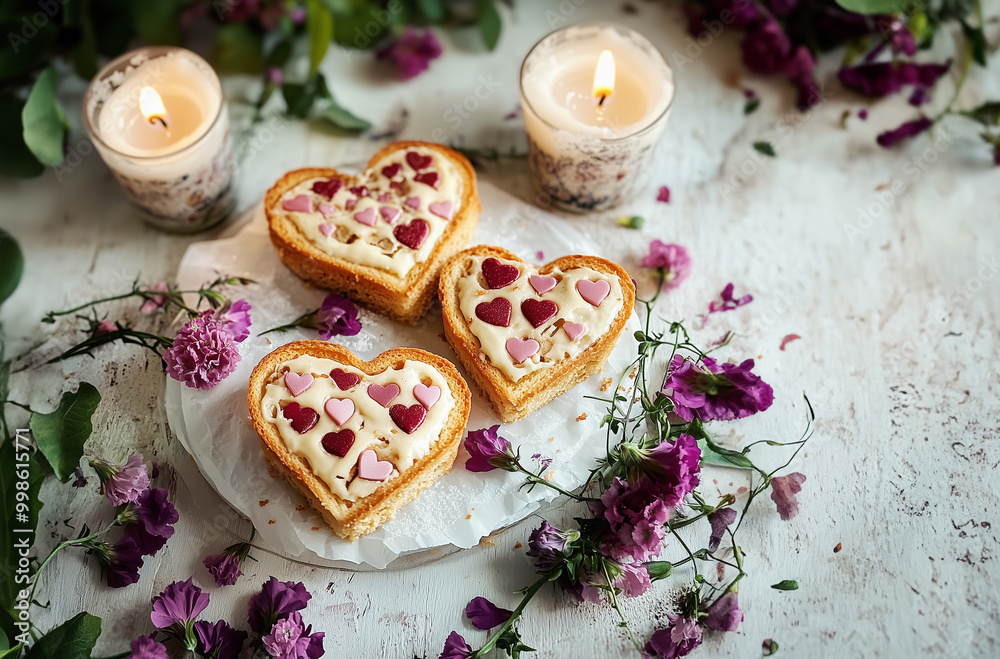 Cakes in the shape of hearts on the table with flowers and burning candles. Romantic lifestyle Cakes in the shape of hearts on the table with flowers and burning candles. Romantic lifestyle