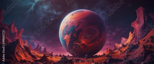 Fototapeta Naklejka Na Ścianę i Meble -  The Earth, a planet with a blue and orange surface, is the central focus of the Surrounding the Earth are rocky formations in shades of red and orange, with a dark blue