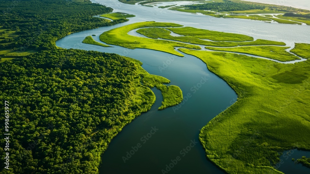 A mighty river delta spreading out into the sea, with countless channels winding through wetlands A mighty river delta spreading out into the sea, with countless channels winding through wetlands