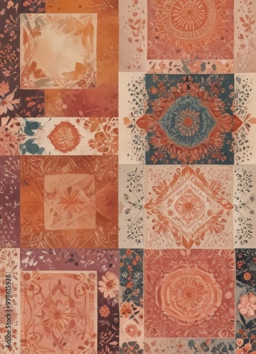 a collage of various floral and geometric patterns in shades of orange, brown, and beige, arranged in a grid-like layout