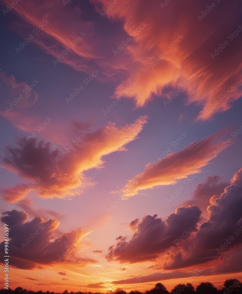 A breathtaking sunset scene with vibrant orange and pink clouds illuminated by the setting sun, creating a stunning display against the deep blue sky A breathtaking sunset scene with vibrant orange and pink clouds illuminated by the setting sun, creating a stunning display against the deep blue sky
