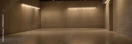 a dimly lit, empty room with concrete walls and a concrete floor Two rectangular light fixtures are mounted on the walls, casting a warm glow across the space