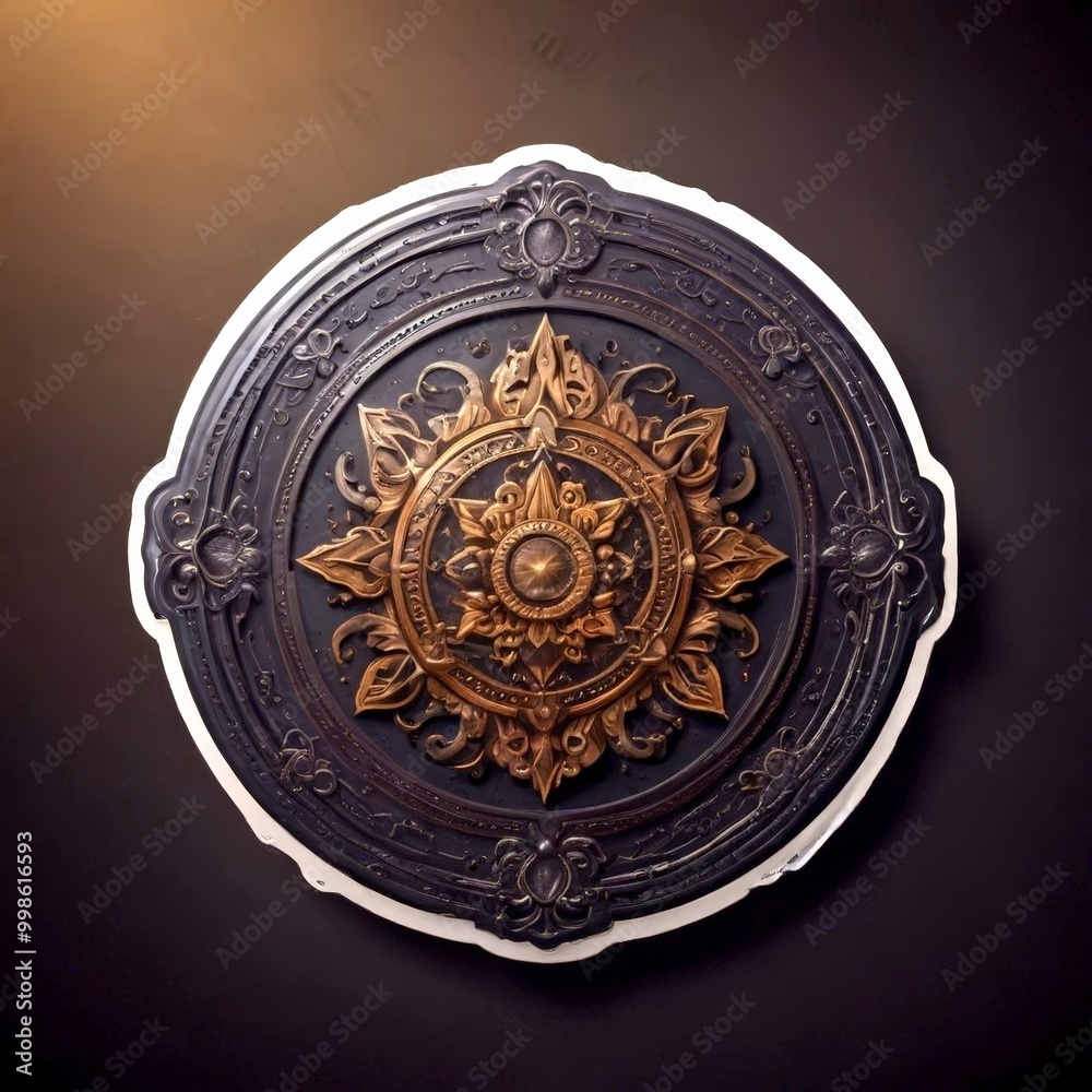 Fototapeta premium a decorative metal shield with a central design featuring a sun-like motif surrounded by intricate floral and leaf-like patterns