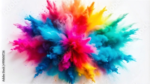 A vibrant explosion of colored powder against a clean white background, creating a dynamic and energetic visual effect.