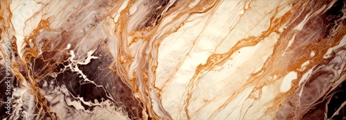 a close-up view marble surface with a swirling pattern of light and dark brown hues, creating a sense of movement and depth