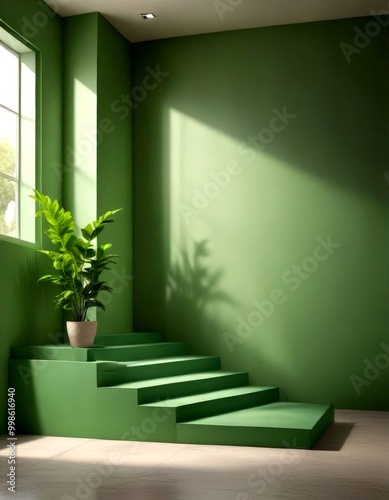 A potted plant sits on a green platform with steps, casting a shadow on the wall behind it A window with white blinds allows natural light to enter the room, illuminating