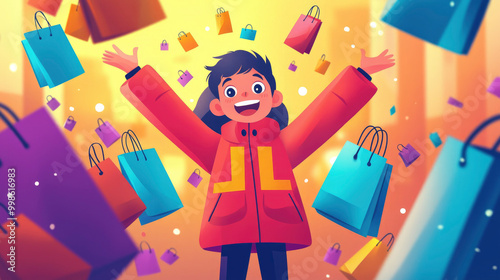 A joyful vector illustration of a young shopper celebrating Black Friday, surrounded by colorful shopping bags, capturing the excitement of holiday shopping.