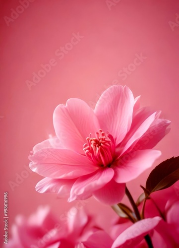 A close-up pink flower with a dark green stem and leaves against a pink background