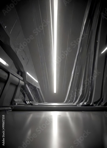 A monochromatic futuristic corridor, featuring sleek lines and a long, bright light at the end, creating a sense of depth and perspective