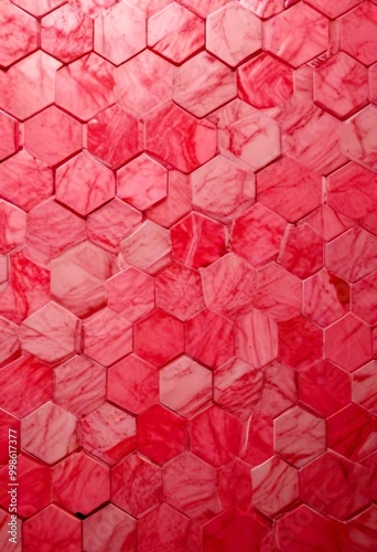 A close-up view pink marble-like tile pattern, composed of hexagonal tiles arranged in a repeating pattern