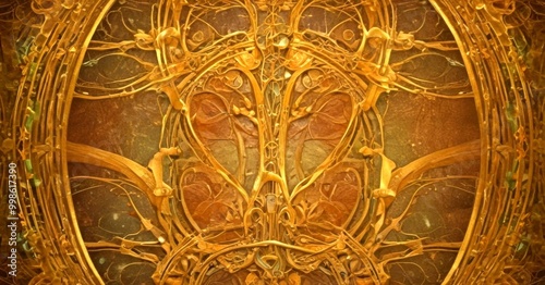 an intricate, ornate golden design with a symmetrical pattern of organic shapes and lines, creating a visually striking and detailed composition