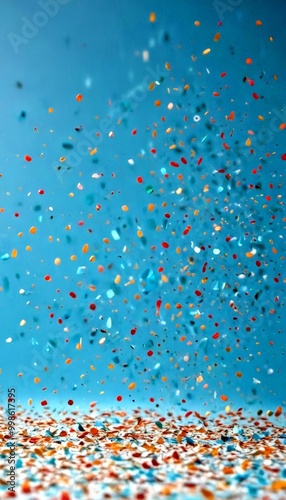 A vibrant array of multicolored confetti, in shades of red, orange, yellow, green, blue, and white, is captured in mid-air, creating a dynamic and festive atmosphere against