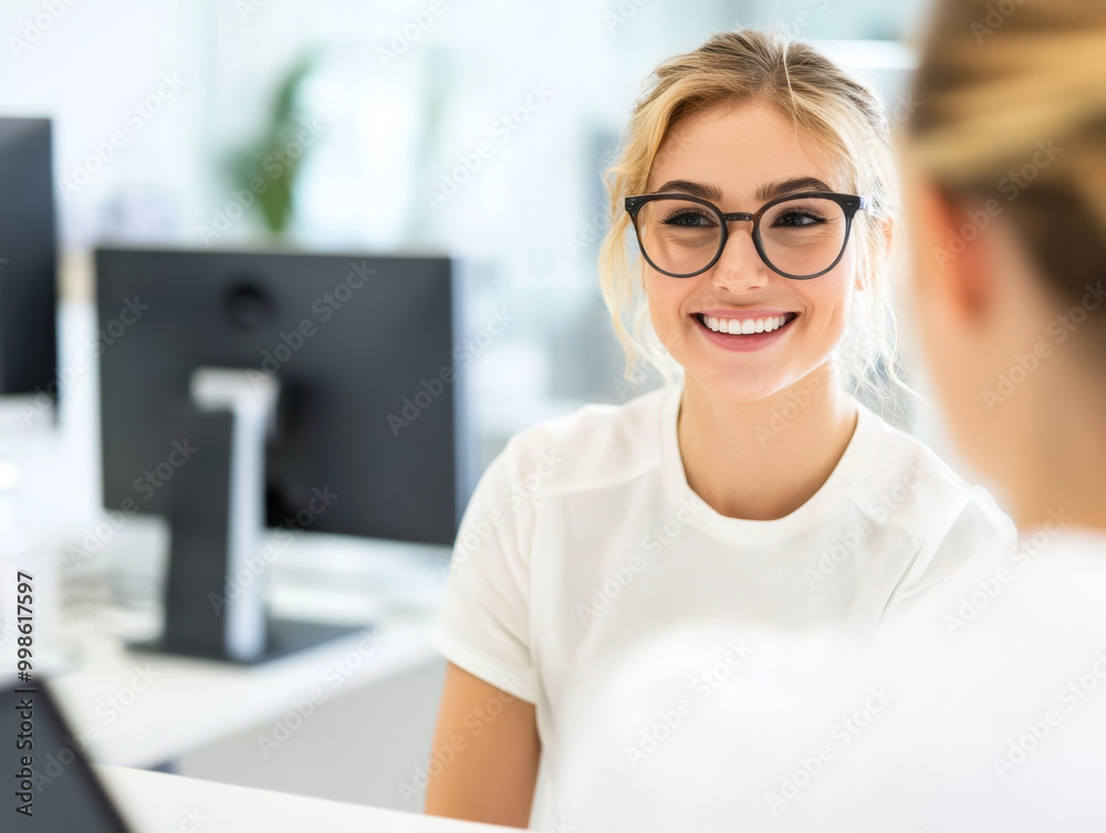 Cheerful customer service agent assisting client with smile Cheerful customer service agent assisting client with smile