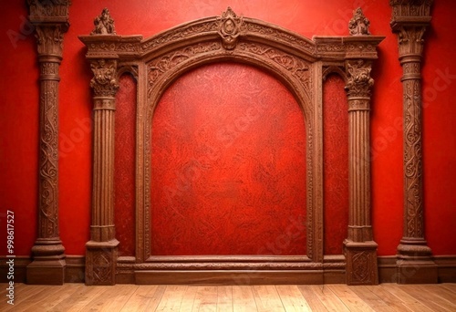 An ornate wooden archway with intricate carvings and columns stands against a red wall, creating a striking and dramatic interior setting