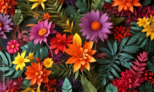 A vibrant and lush floral pattern featuring a variety of colorful flowers and leaves, including pink, orange, yellow, and purple blooms, against a dark background