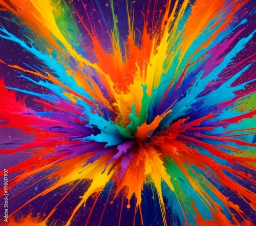 a vibrant explosion of paint splatters in a variety of bright colors, including red, orange, yellow, green, blue, and purple, against a dark purple background