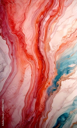 a marble surface with a swirling pattern of pink, orange, and blue hues, creating a captivating abstract design