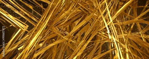 a close-up view textured, golden-colored material resembling grass or straw, with a dark background that highlights the material's golden hue