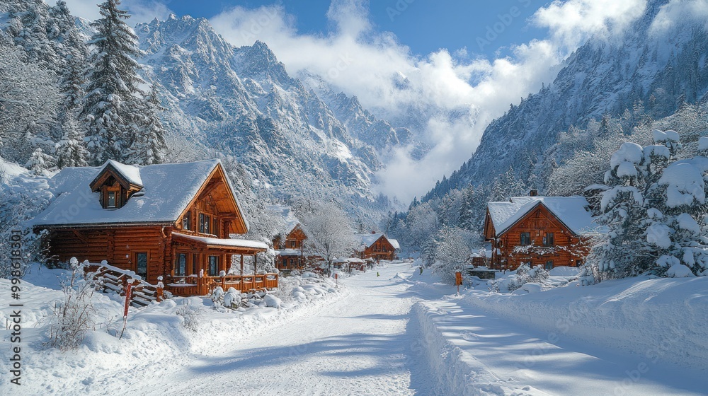 Snow-covered village with wooden cabins in a mountainous landscape. Snow-covered village with wooden cabins in a mountainous landscape.