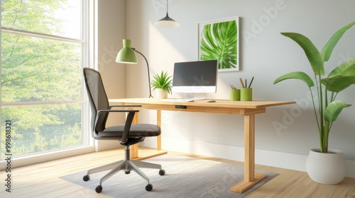 Modern Home Office with Green Plants and Natural Light